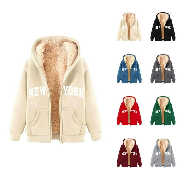 New York Hoodie 2025 Fall Winter Fleece Lined Zip Up Hoodies Pockets Streetwear Hooded Sweatshirt Hoodie Women Jacket