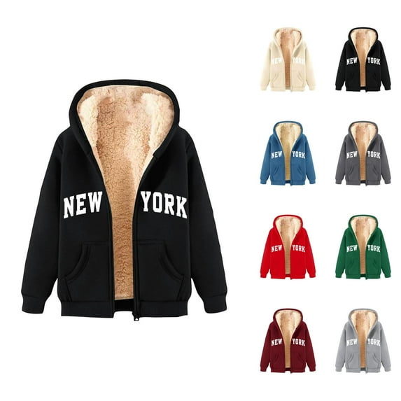 Lined Hoodies for Women 2025 Zip Up Thick New York Hoodie Jacket with Pockets Hooded Sweatshirt Pullover Tops