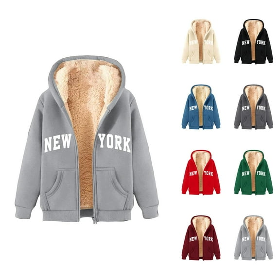 New York Hoodie 2025 Fall Winter Fleece Lined Zip Up Hoodies Pockets Streetwear Hooded Sweatshirt Hoodie Women Jacket