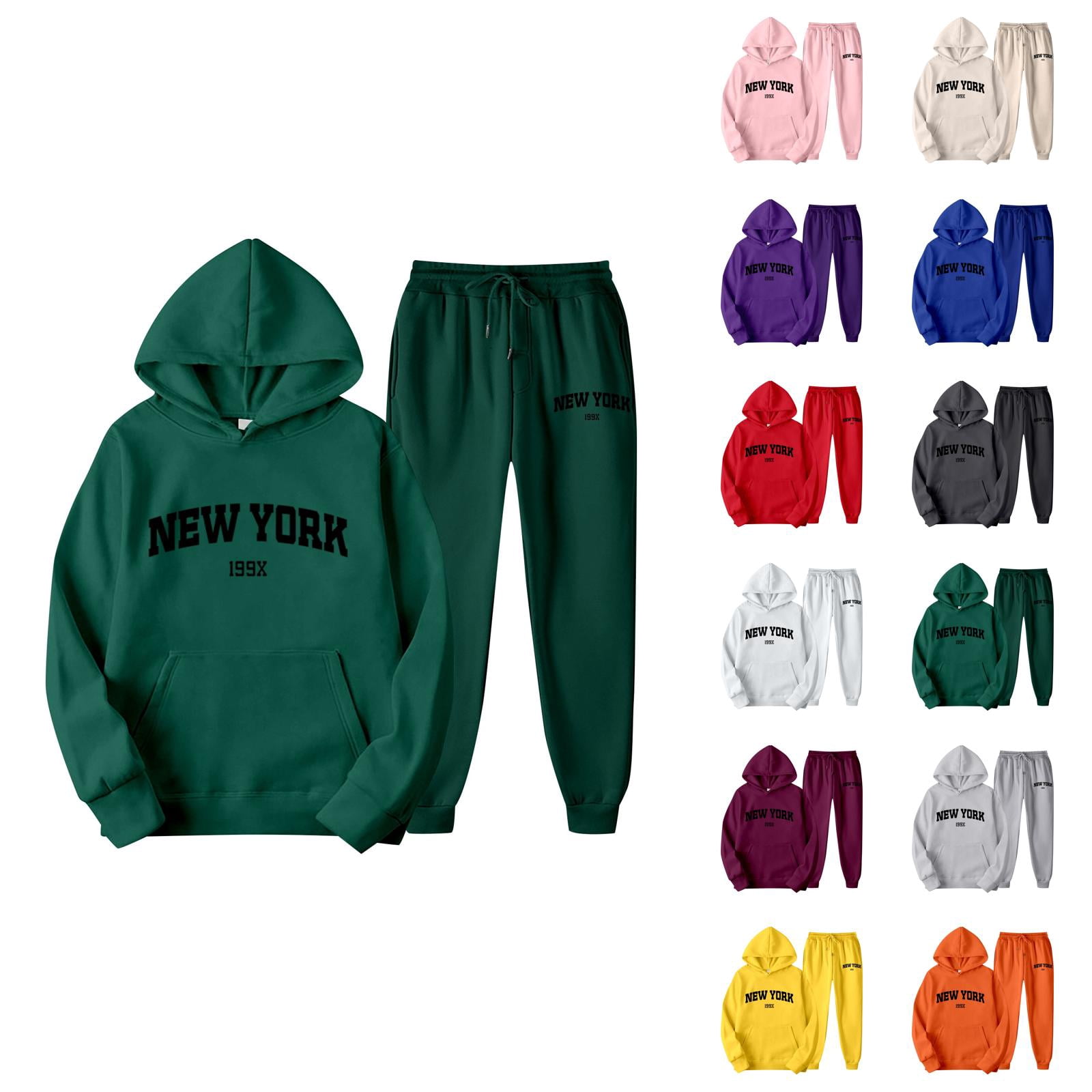 New York Hoodie and Sweatpants Set Long Sleeve Hooded Sweatshirt with Pockets Elastic Waist Pants Tracksuit for Women