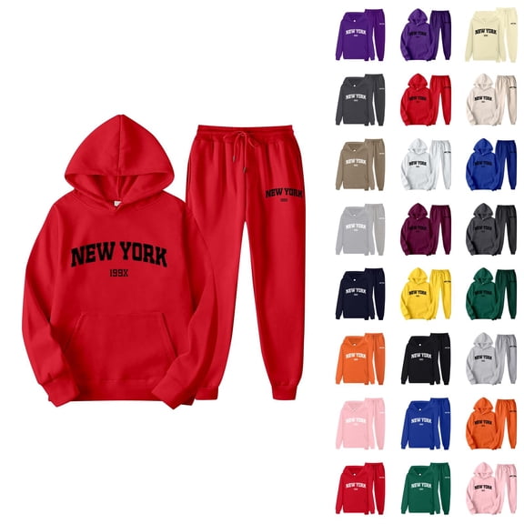 New York Hoodie and Sweatpants Set Long Sleeve Hooded Sweatshirt with Pockets Elastic Waist Pants Tracksuit for Women