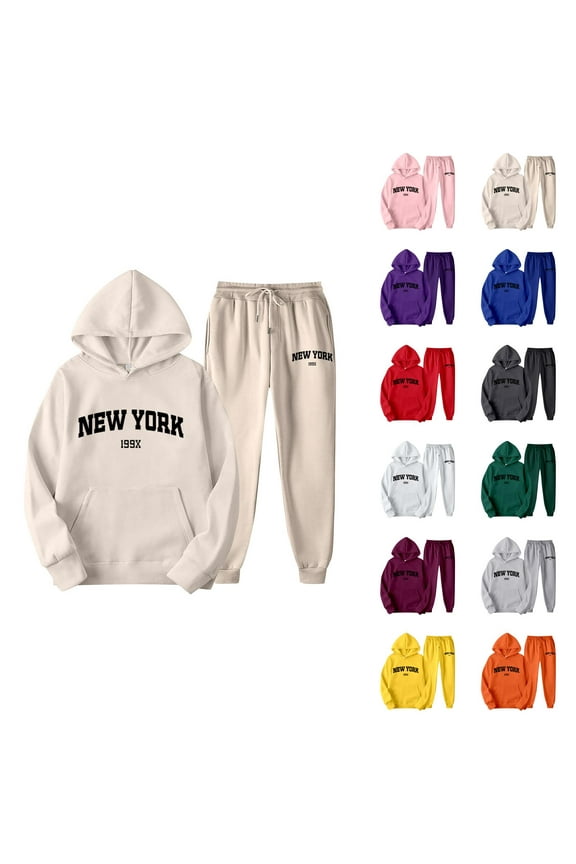 New York Hoodie and Sweatpants Set Long Sleeve Hooded Sweatshirt with Pockets Elastic Waist Pants Tracksuit for Women