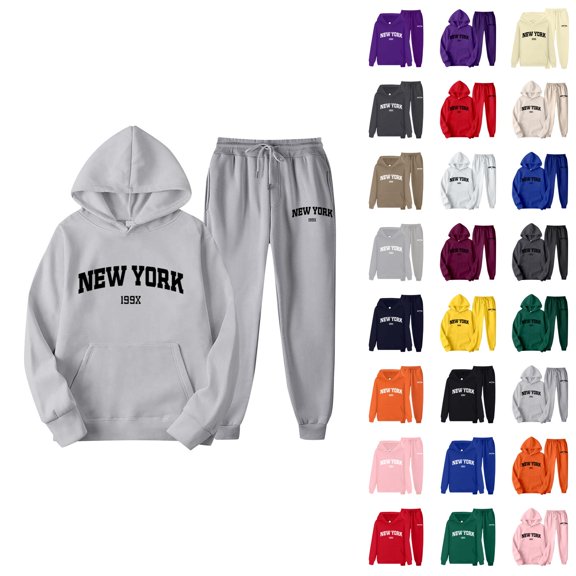 New York Hoodie and Sweatpants Set Long Sleeve Hooded Sweatshirt with Pockets Elastic Waist Pants Tracksuit for Women
