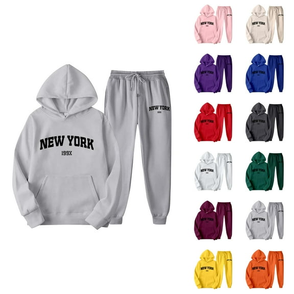 New York Hoodie and Sweatpants Set Long Sleeve Hooded Sweatshirt with Pockets Elastic Waist Pants Tracksuit for Women