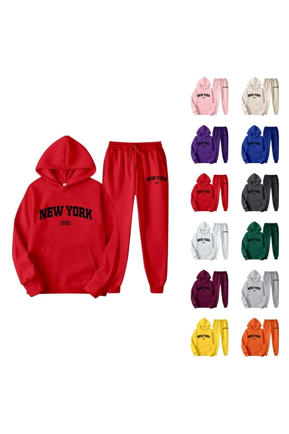 New York Hoodie and Sweatpants Set Long Sleeve Hooded Sweatshirt with Pockets Elastic Waist Pants Tracksuit for Women