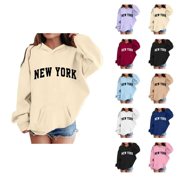 New York Hoodies for Girl Fall Winter Long Sleeve Casual Graphic Hooded Sweatshirt with Pockets Kids Pullover Tops