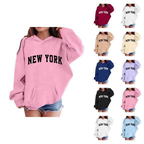 New York Hoodies for Girl Long Sleeve Fall Winter Casual Graphic Hooded Sweatshirt with Pockets Kids Pullover Tops
