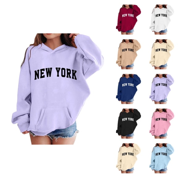 New York Hoodies for Girl Long Sleeve Fall Winter Casual Graphic Hooded Sweatshirt with Pockets Kids Pullover Tops