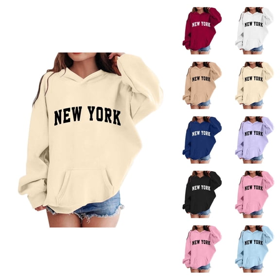 New York Hoodies for Girl Long Sleeve Fall Winter Casual Graphic Hooded Sweatshirt with Pockets Kids Pullover Tops