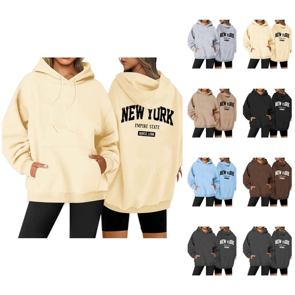 New York Hoodies for Women 2025 Fall Winter Long Sleeve Casual Graphic Hooded Sweatshirt with Pockets Pullover Tops