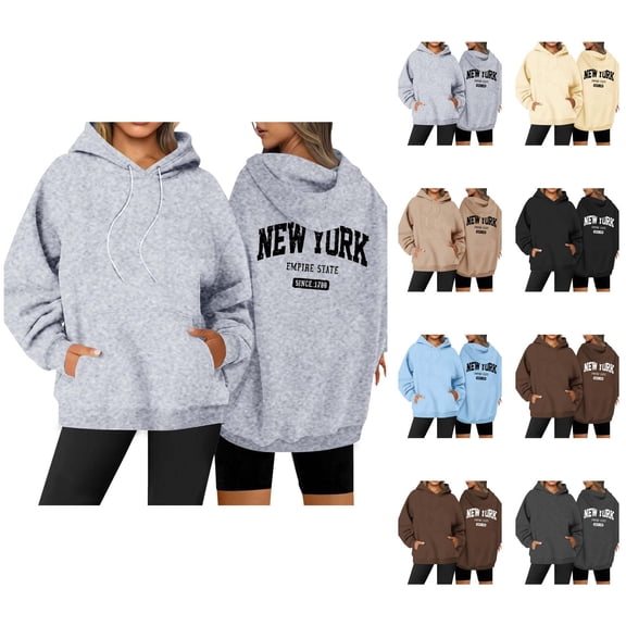 New York Hoodies for Women 2025 Fall Winter Long Sleeve Casual Graphic Hooded Sweatshirt with Pockets Pullover Tops