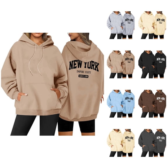 New York Hoodies for Women 2025 Fall Winter Long Sleeve Casual Graphic Hooded Sweatshirt with Pockets Pullover Tops