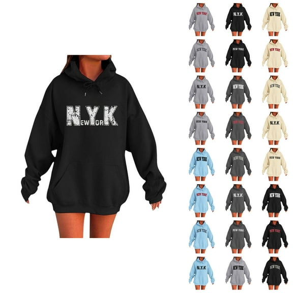 New York Hoodies for Women 2025 Fall Winter Long Sleeve Hooded Sweatshirt with Pockets Pullover Tops Streetwear