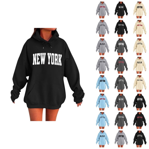 New York Hoodies for Women 2025 Fall Winter Long Sleeve Hooded Sweatshirt with Pockets Pullover Tops Streetwear