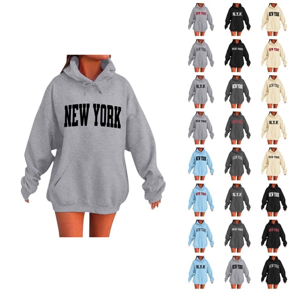 New York Hoodies for Women 2025 Fall Winter Long Sleeve Hooded Sweatshirt with Pockets Pullover Tops Streetwear