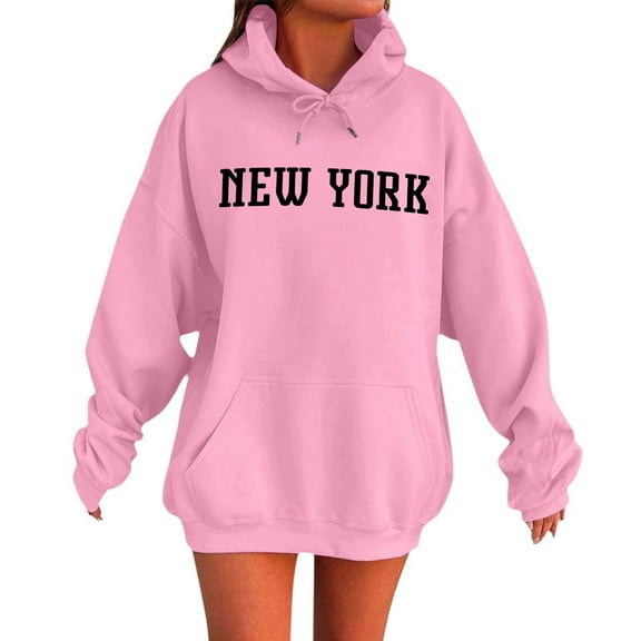 New York Hoodies for Women 2025 Fall Winter Long Sleeve Hooded Sweatshirt with Pockets Pullover Tops Streetwear