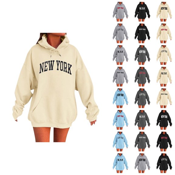New York Hoodies for Women 2025 Fall Winter Long Sleeve Hooded Sweatshirt with Pockets Pullover Tops Streetwear