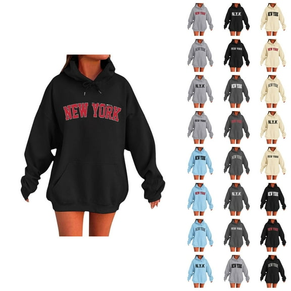 New York Hoodies for Women 2025 Fall Winter Long Sleeve Hooded Sweatshirt with Pockets Pullover Tops Streetwear
