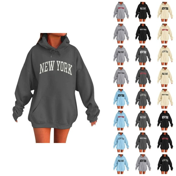 New York Hoodies for Women 2025 Fall Winter Long Sleeve Hooded Sweatshirt with Pockets Pullover Tops Streetwear