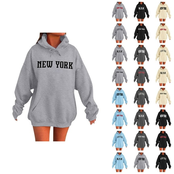 New York Hoodies for Women 2025 Fall Winter Long Sleeve Hooded Sweatshirt with Pockets Pullover Tops Streetwear