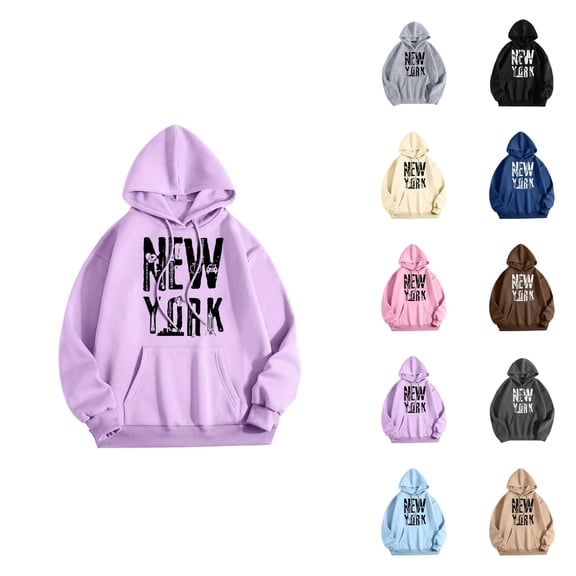 New York Hoodies for Women 2025 Fall Winter Long Sleeve NY Graphic Hooded Sweatshirt with Pockets Streetwear Pullover Tops