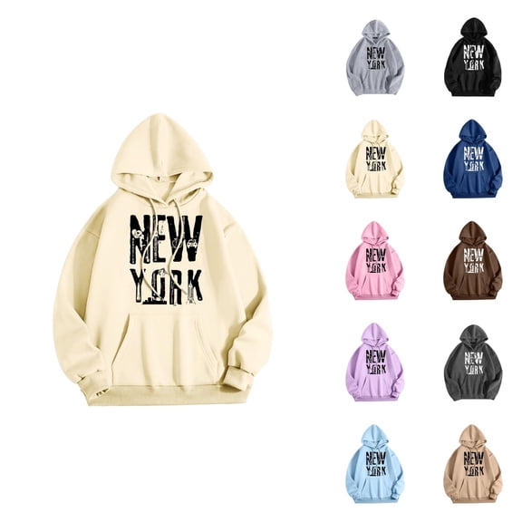 New York Hoodies for Women 2025 Fall Winter Long Sleeve NY Graphic Hooded Sweatshirt with Pockets Streetwear Pullover Tops