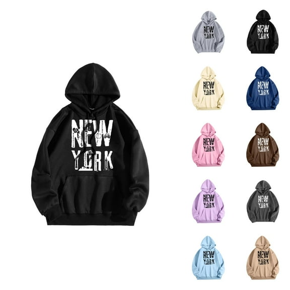 New York Hoodies for Women 2025 Fall Winter Long Sleeve NY Graphic Hooded Sweatshirt with Pockets Streetwear Pullover Tops
