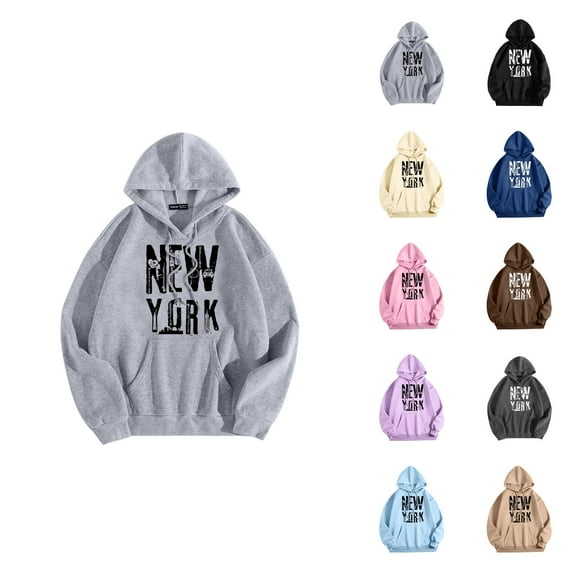 New York Hoodies for Women 2025 Fall Winter Long Sleeve NY Graphic Hooded Sweatshirt with Pockets Streetwear Pullover Tops