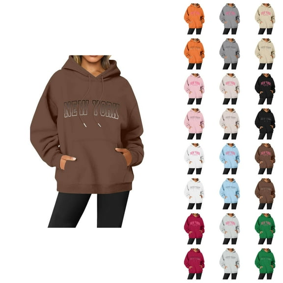 New York Hoodies for Women 2025 Long Sleeve Graphic Y2K Hoodie with Pockets Streetwear Hooded Sweatshirt Pullover Tops