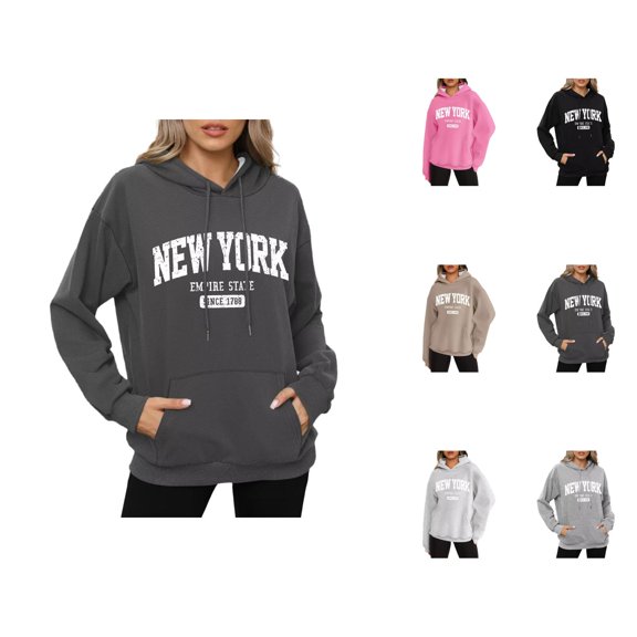 New York Hoodies for Women 2025 Long Sleeve Y2K Graphic Hoodie Pockets Streetwear Hooded Sweatshirt Women Pullover
