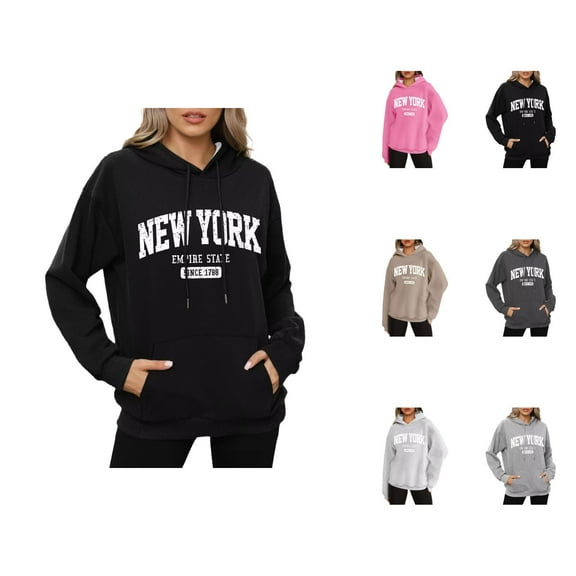New York Hoodies for Women 2025 Long Sleeve Y2K Graphic Hoodie with Pockets Streetwear Hooded Sweatshirt Pullover Tops