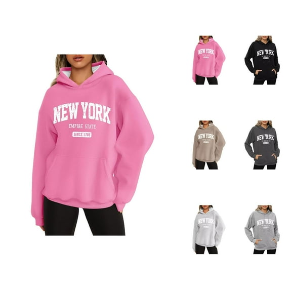 New York Hoodies for Women 2025 Long Sleeve Y2K Graphic Hoodie Pockets Streetwear Hooded Sweatshirt Women Pullover