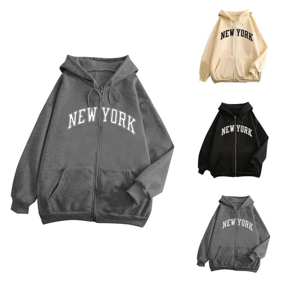 New York Hoodies for Women 2025 Long Sleeve Zip Up New York Hoodie with Pockets Hooded Sweatshirt Women Jacket