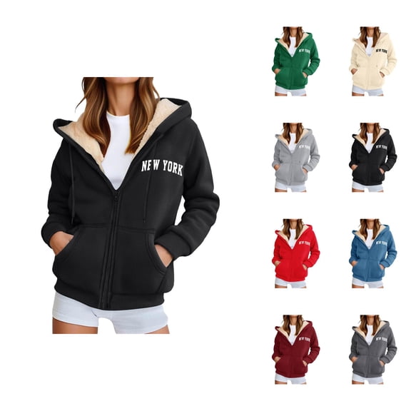New York Hoodies for Women Fall Winter Long Sleeve Fleece Lined Zip Up Graphic Hooded Sweatshirt Jacket with Pockets
