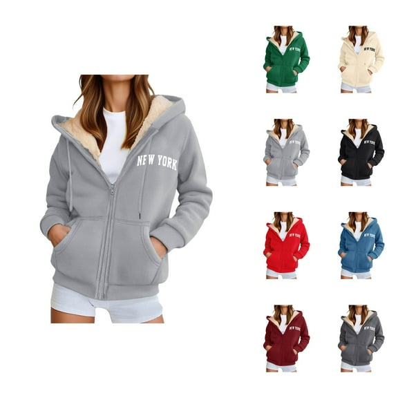 New York Hoodies for Women Fall Winter Long Sleeve Fleece Lined Zip Up Graphic Hooded Sweatshirt Jacket with Pockets
