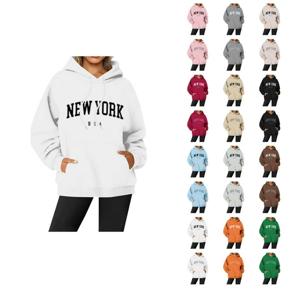 New York Hoodies for Women Fall Winter Long Sleeve Graphic Hooded Sweatshirt with Pockets Streetwear Pullover Tops