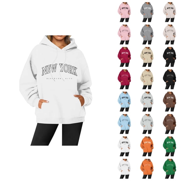 New York Hoodies for Women Fall Winter Long Sleeve Graphic Hooded Sweatshirt with Pockets Streetwear Pullover Tops