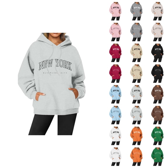 New York Hoodies for Women Fall Winter Long Sleeve Graphic Hooded Sweatshirt with Pockets Streetwear Pullover Tops