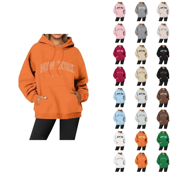 New York Hoodies for Women Fall Winter Long Sleeve Graphic Hooded Sweatshirt with Pockets Streetwear Pullover Tops