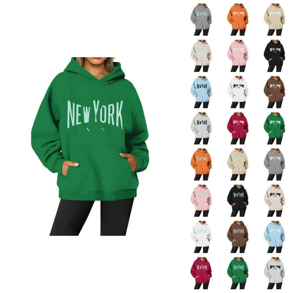 New York Hoodies for Women Long Sleeve Graphic Y2K Hoodie with Pockets Streetwear Hooded Sweatshirt Pullover Tops
