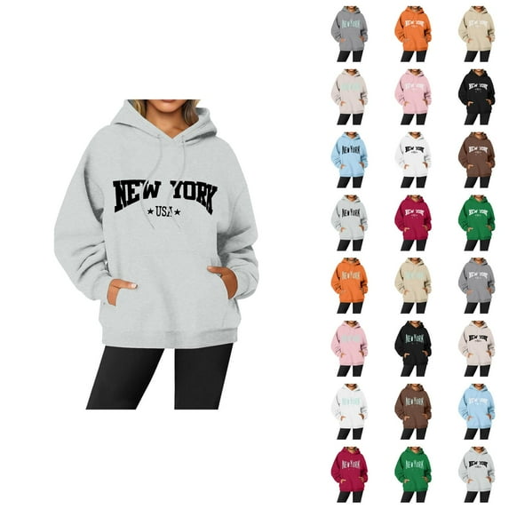 New York Hoodies for Women Long Sleeve Graphic Y2K Hoodie with Pockets Streetwear Hooded Sweatshirt Pullover Tops