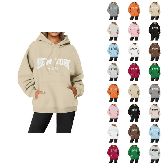 New York Hoodies for Women Long Sleeve Graphic Y2K Hoodie with Pockets Streetwear Hooded Sweatshirt Pullover Tops