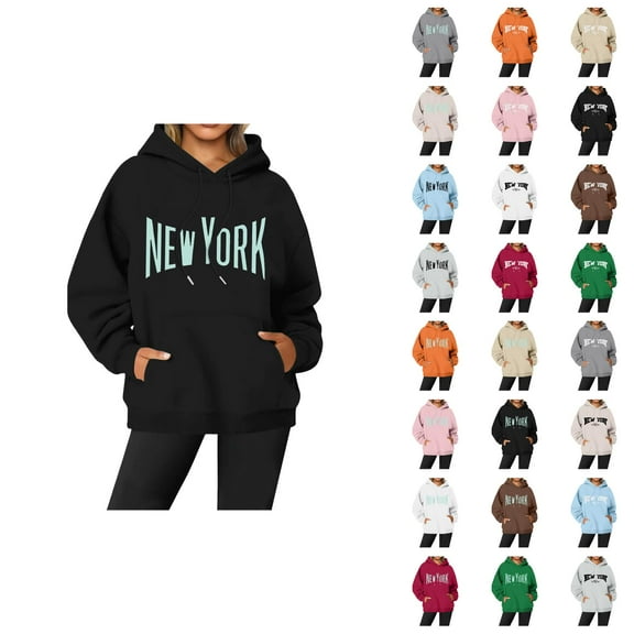 New York Hoodies for Women Long Sleeve Graphic Y2K Hoodie with Pockets Streetwear Hooded Sweatshirt Pullover Tops