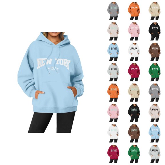 New York Hoodies for Women Long Sleeve Graphic Y2K Hoodie with Pockets Streetwear Hooded Sweatshirt Pullover Tops