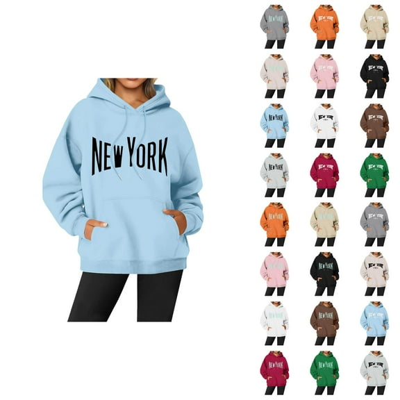 New York Hoodies for Women Long Sleeve Graphic Y2K Hoodie with Pockets Streetwear Hooded Sweatshirt Pullover Tops