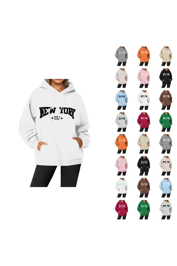 New York Hoodies for Women Long Sleeve Graphic Y2K Hoodie with Pockets Streetwear Hooded Sweatshirt Pullover Tops