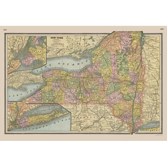 Historic State Map - New York - Johnson 1888 - 33.31 x 23 - Vintage Wall Art