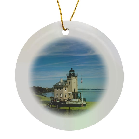 3drose, New York, Kingston, Rondout. Rondout Lighthouse Along the Hudson River, Circle Porcelain Ornament