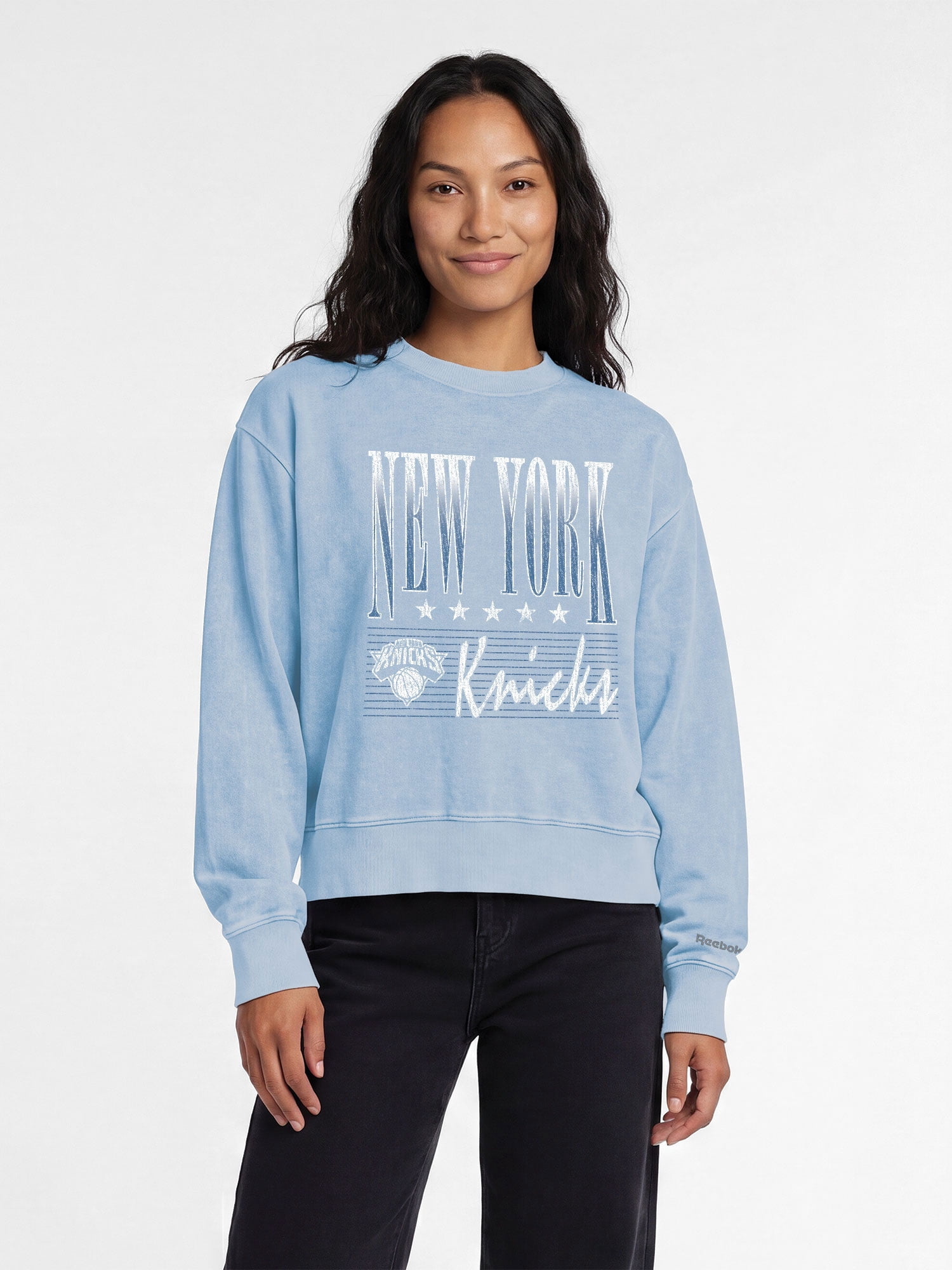 New York Knicks Reebok Womens Denim Wash Mock Neck Sweatshirt