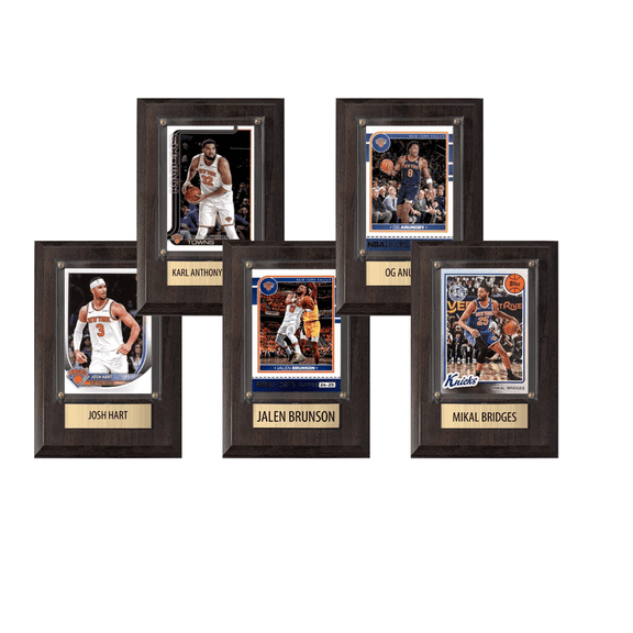 New York Knicks Starting Five Plaque Bundle - 5 Licensed NBA Trading Card Plaques - Brunson Towns Bridges Hart Anunoby